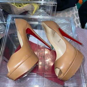 Christian Louboutin tan peep toe shoes